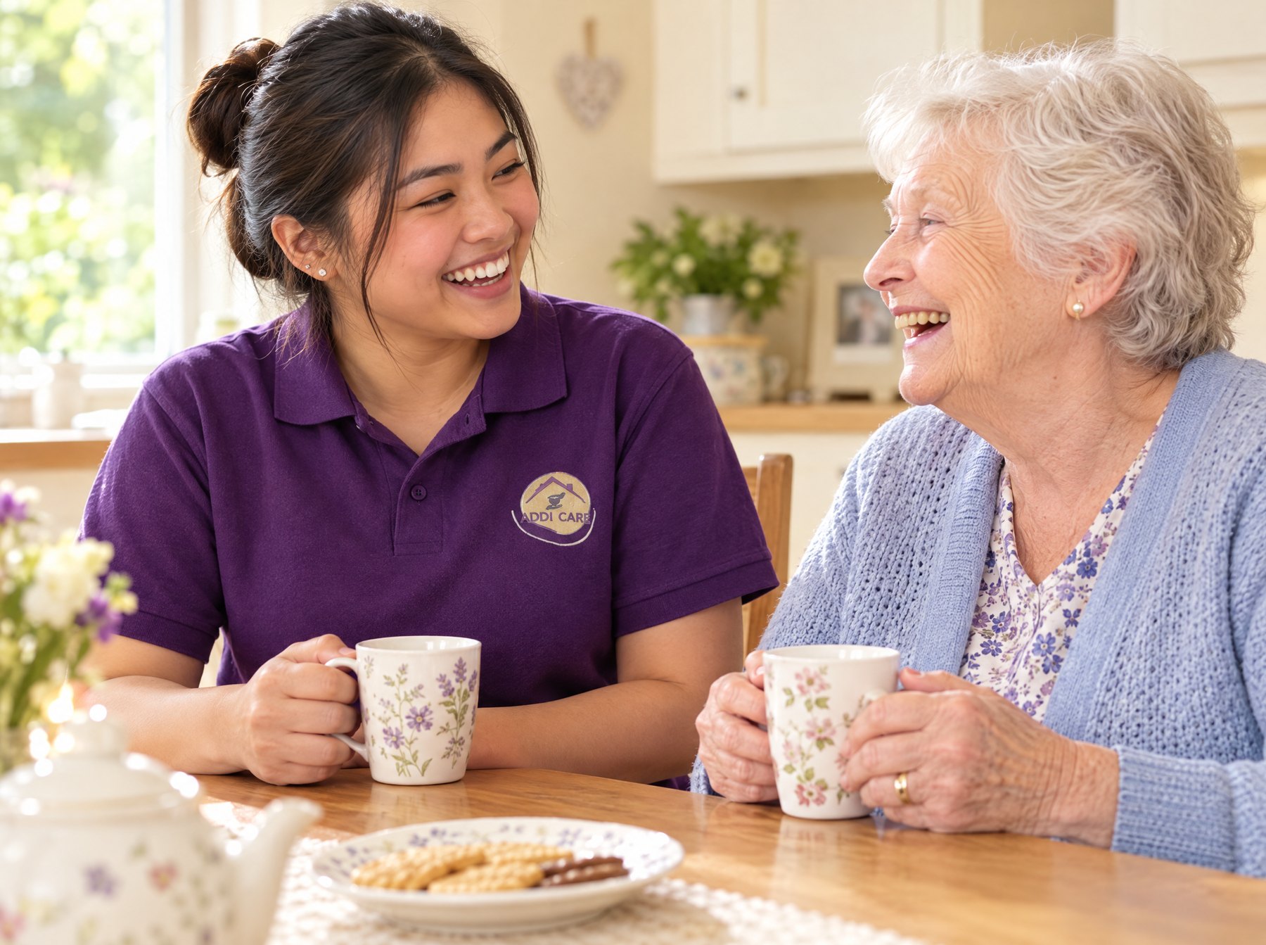 Asian British AddiCare carer sharing tea and conversation with an older woman during a companionship visit