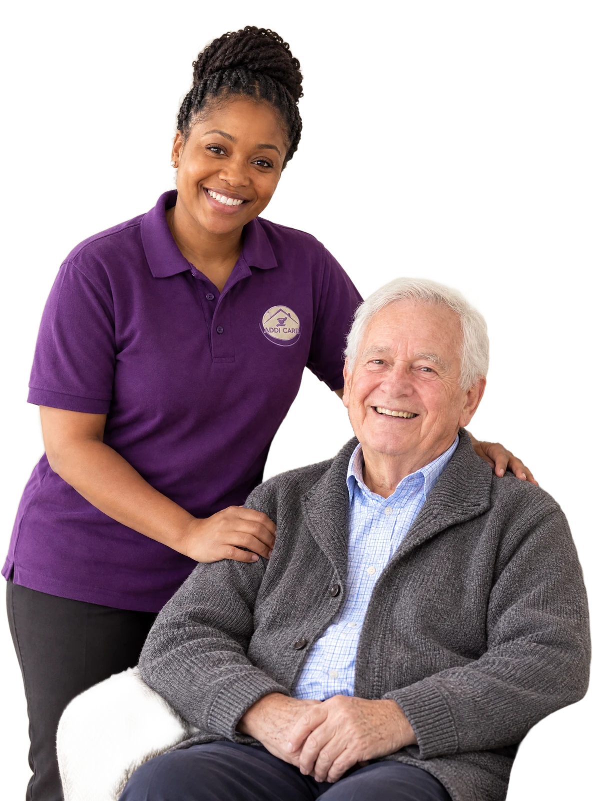 Black British AddiCare carer in the purple AddiCare uniform helping a smiling elderly man at home