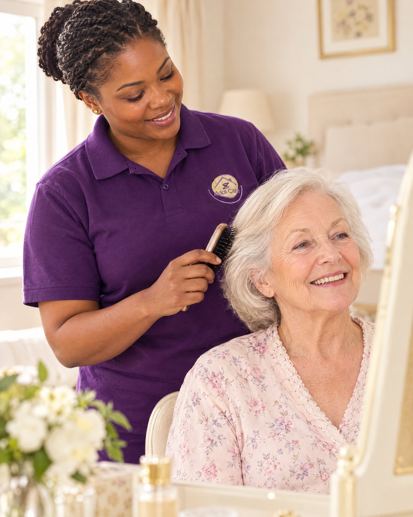 AddiCare carer in the purple AddiCare uniform helping an older woman with grooming at home