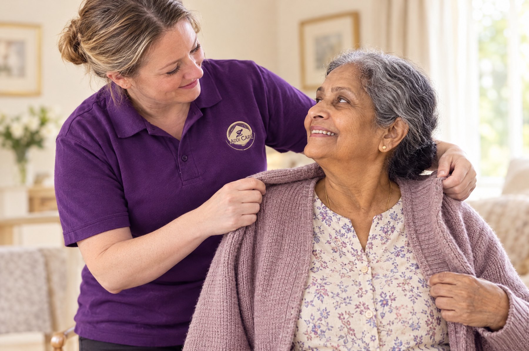 AddiCare carer in the purple AddiCare uniform helping an older woman with dressing at home