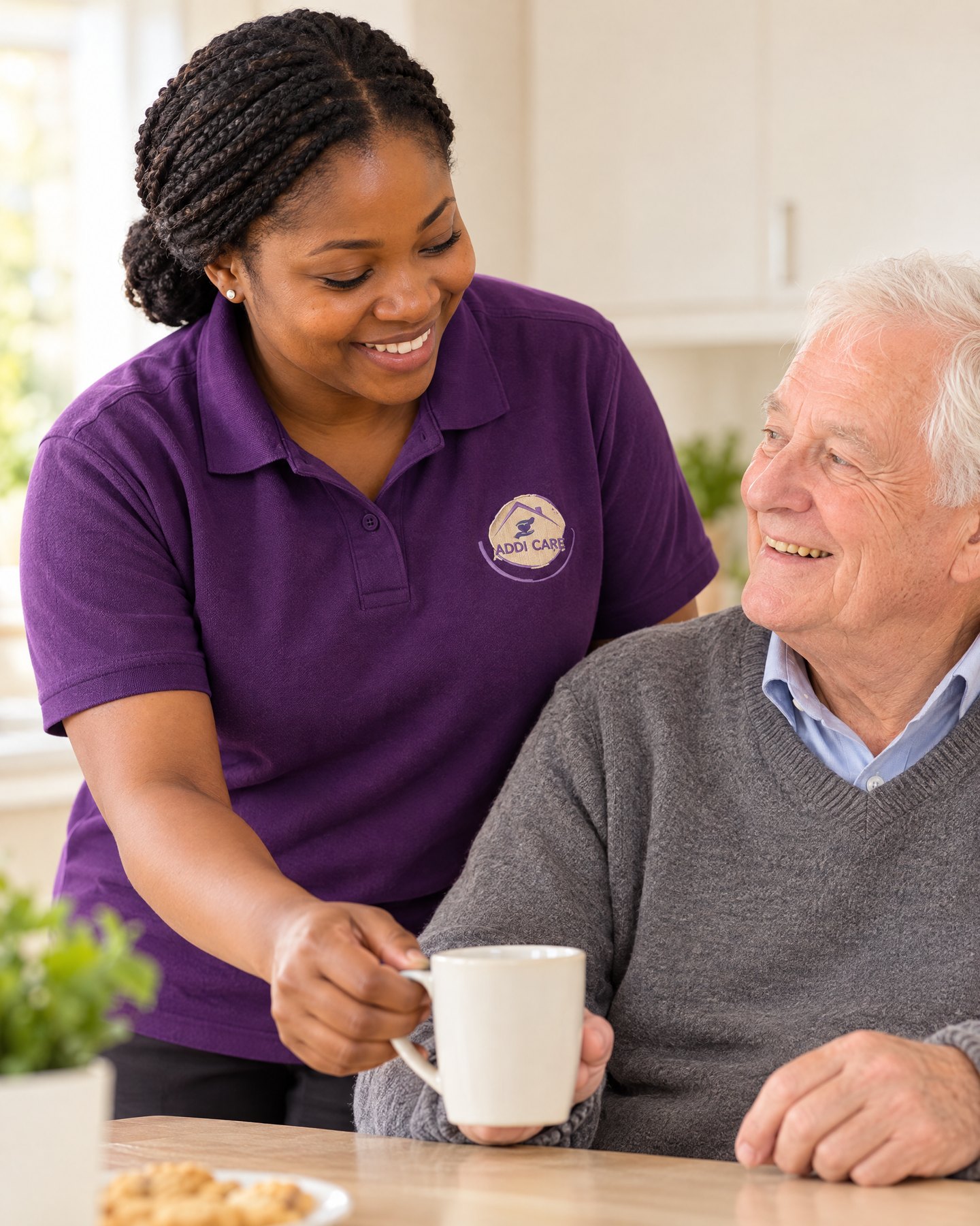 AddiCare carer in the purple AddiCare uniform helping an older man at home