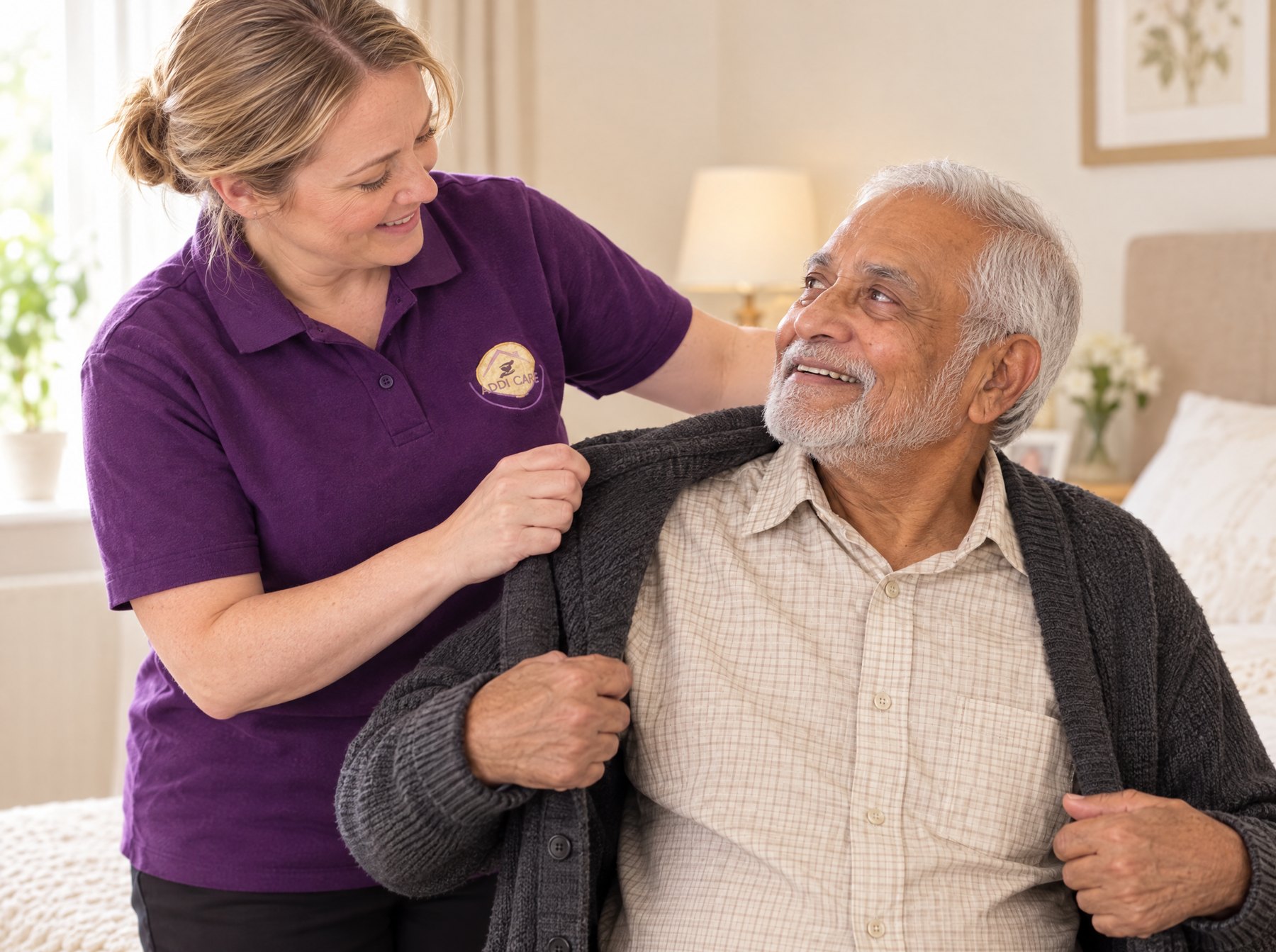 AddiCare carer in the purple AddiCare uniform supporting an older man with dressing at home