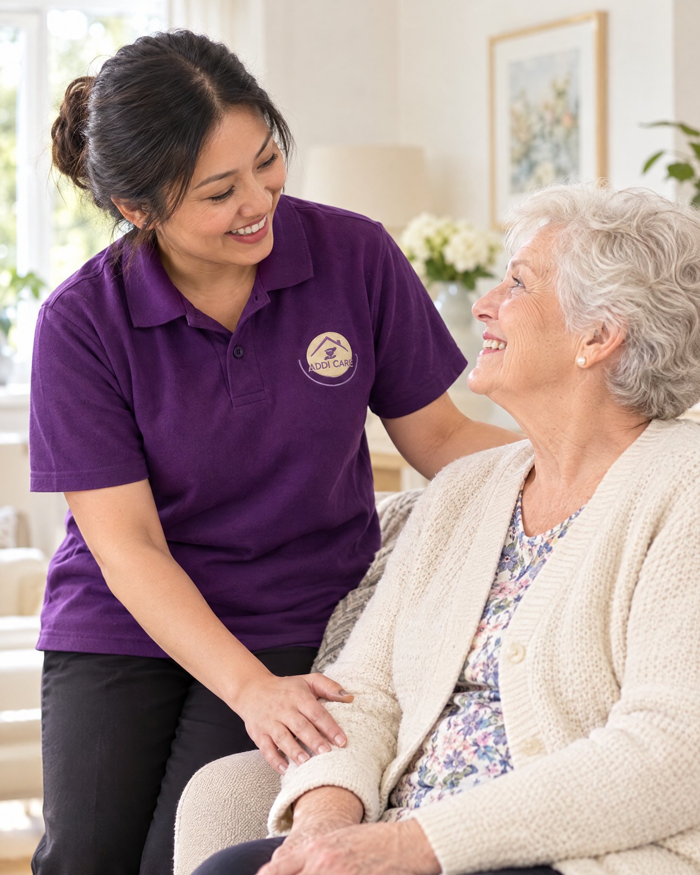 AddiCare visiting carer in the purple AddiCare uniform greeting an older woman at home