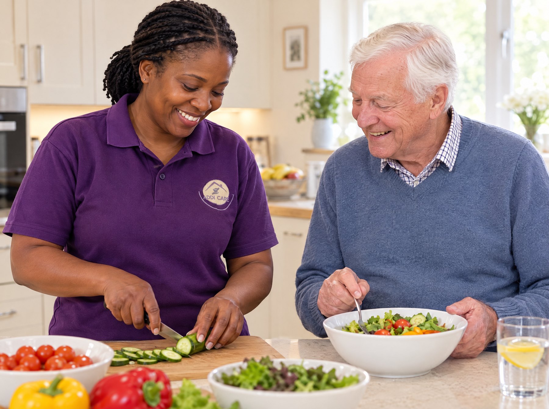AddiCare carer in the purple AddiCare uniform preparing a meal with an older man during a home visit
