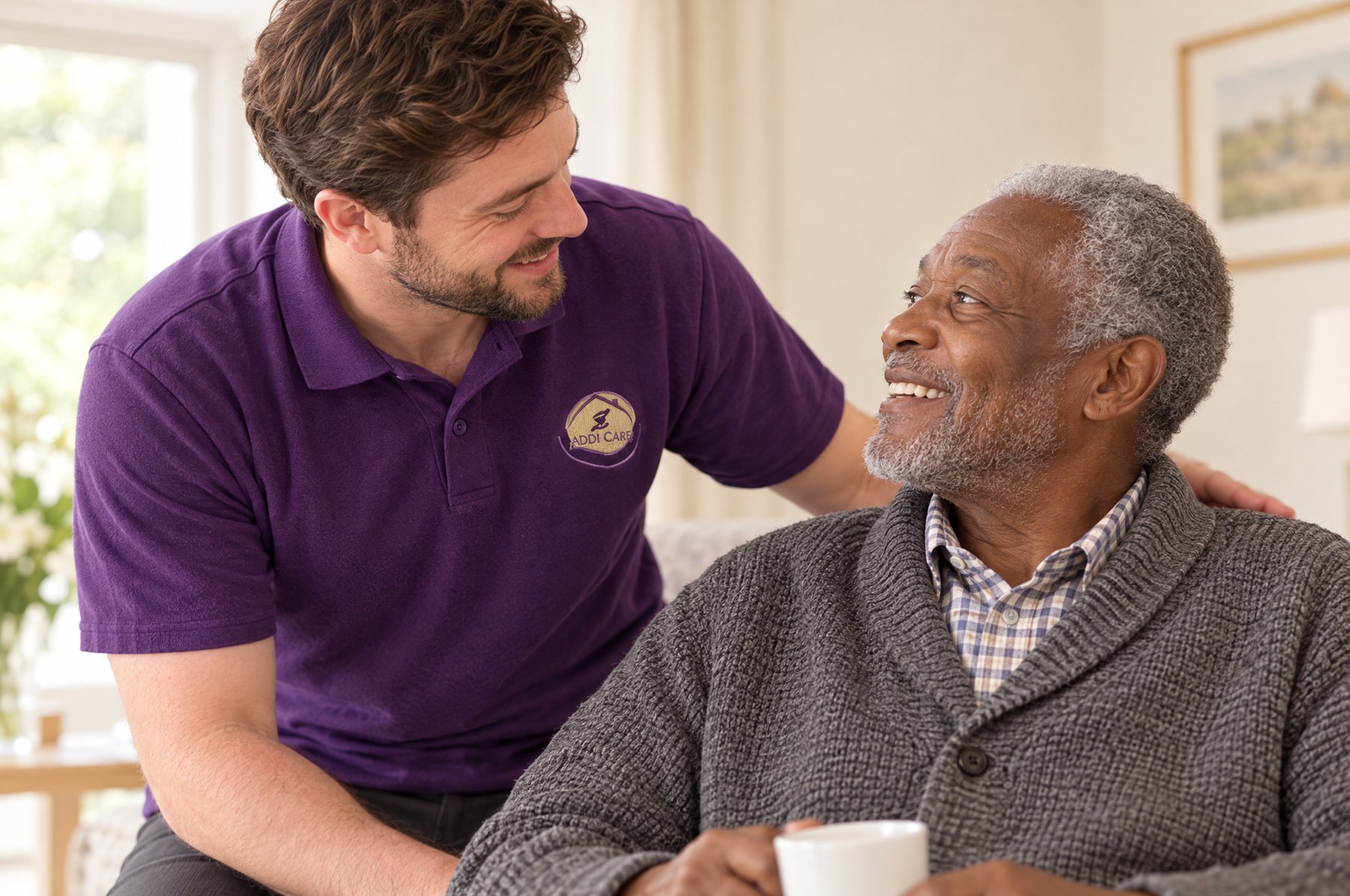 AddiCare carer in the purple AddiCare uniform supporting an older man with his daily routine at home